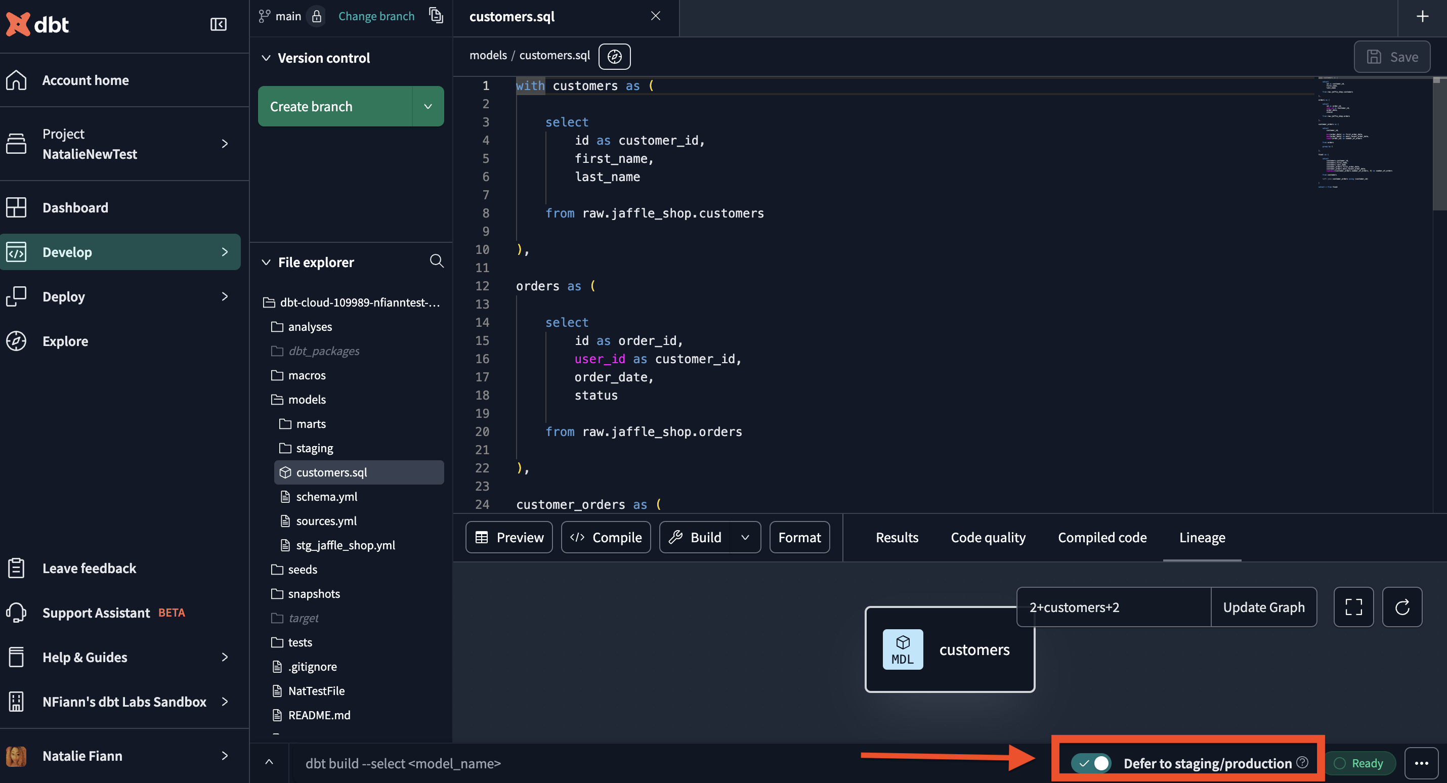 Select the 'Defer to production' toggle on the bottom right of the command bar to enable defer in the dbt Cloud IDE.